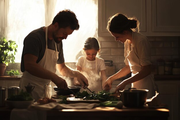 Photo cooking together as a family a family in the kitchen cooking a meal together