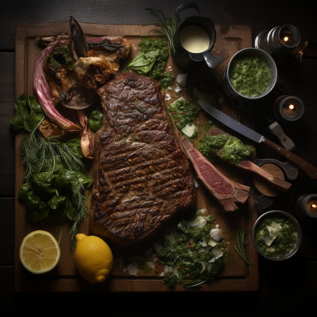 Cooking tomahawk steak with fresh herbs and lemon in luxurious michelin kitchen top view