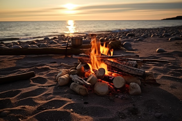 cooking using a campfire on beach professional photography AI Generated