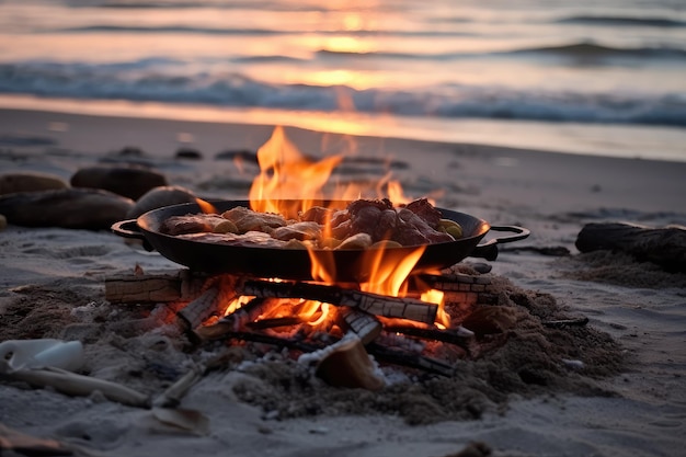 cooking using a campfire on beach professional photography AI Generated