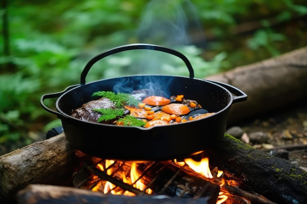 cooking using a campfire on forest professional photography AI Generated