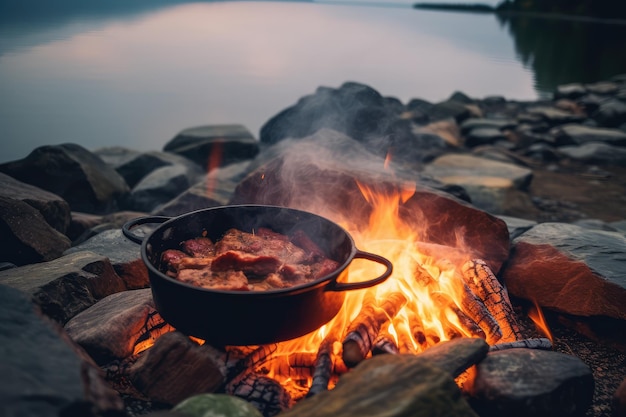 cooking using a campfire on mountain professional photography AI Generated