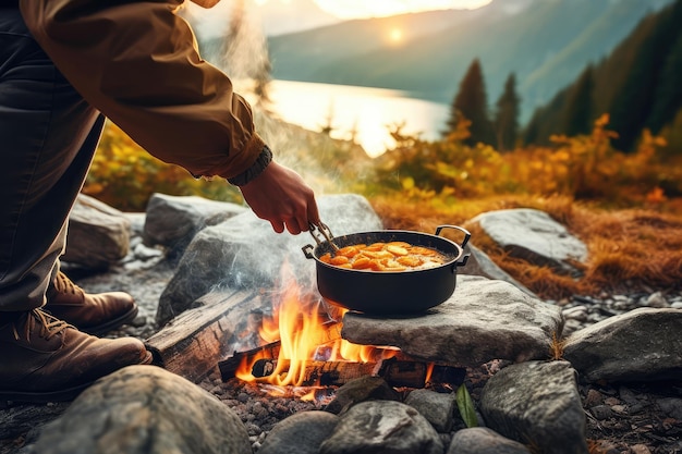 cooking using a campfire on mountain professional photography AI Generated