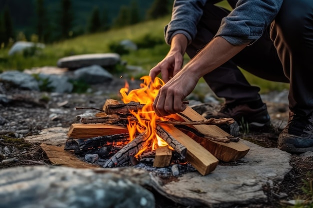 cooking using a campfire on mountain professional photography AI Generated