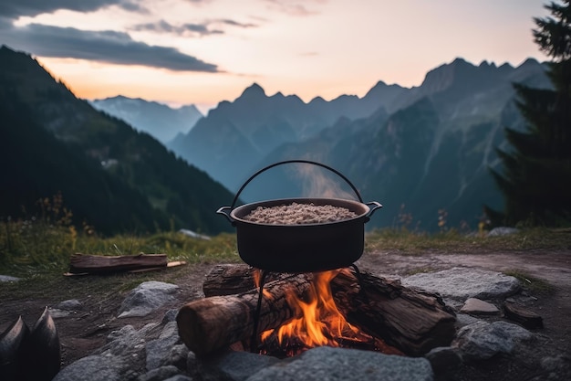 cooking using a campfire on mountain professional photography AI Generated