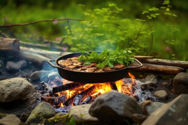 cooking using a campfire on nature professional photography AI Generated