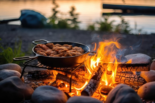 cooking using a campfire on river professional photography AI Generated