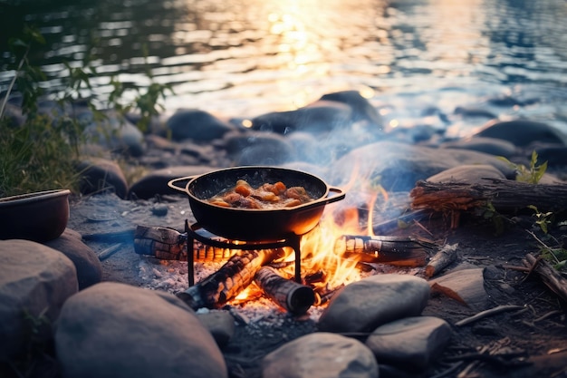 cooking using a campfire on river professional photography AI Generated