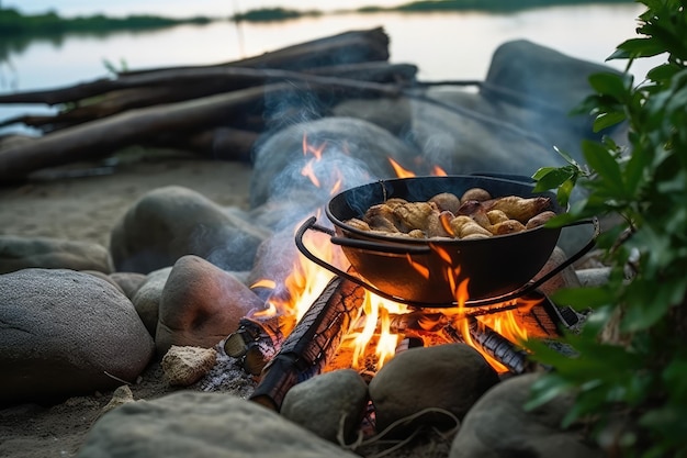 cooking using a campfire on river professional photography AI Generated