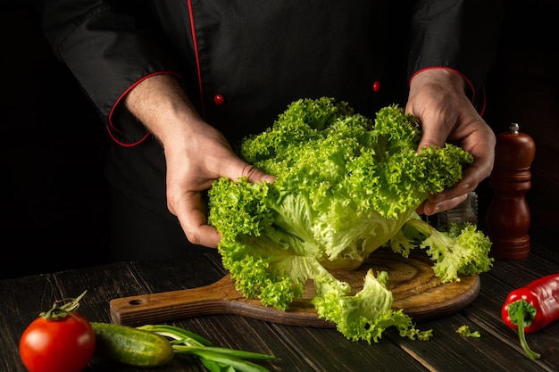 Cooking vegetarian food from Lettuce leaves in the kitchen by the hands of a chef Vegetarian cuisine