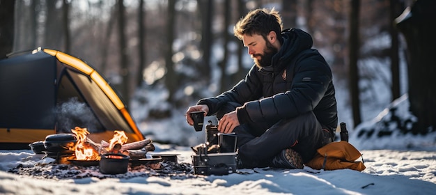 Photo cooking at winter tent camp in snow forestsurvival and camping in winter wilderness