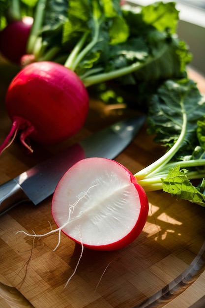 Cooking with radishes fresh radish with leaves on a cutting board