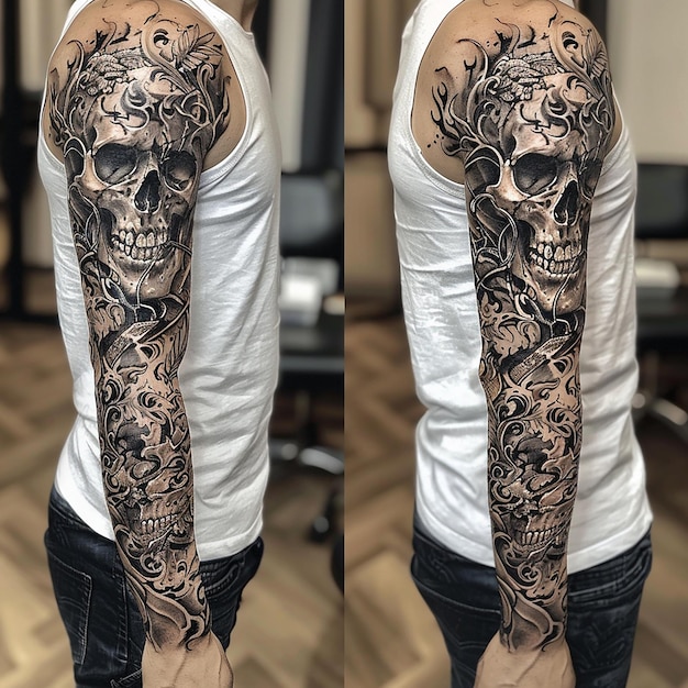 Photo cool arm tattoo sleeve with skull design