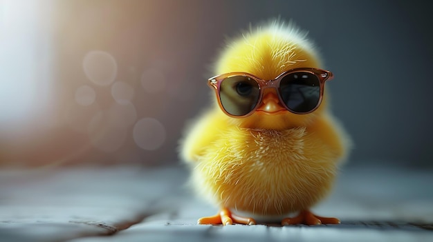 cool baby chick wearing sunglasses outside at the farm