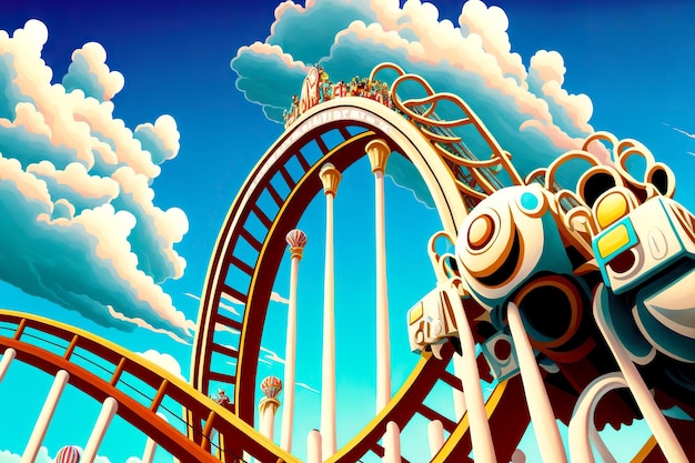 Cool breathtaking roller coaster in summer amusement park