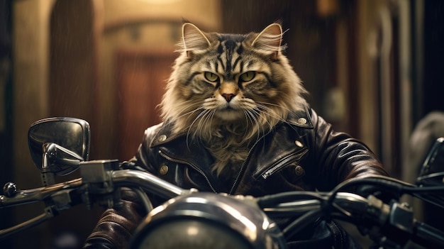 Cool brutal cat biker on a motorcycle in a suit in the city AI generated