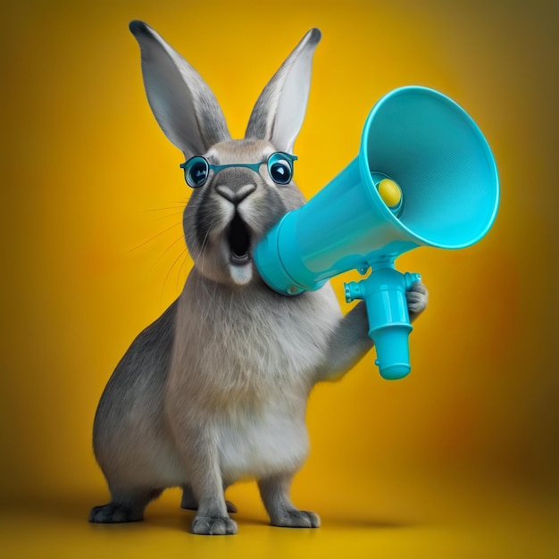 Cool Bunny holding and screaming into loudspeaker on yellow background Business management Successful advertising Attention