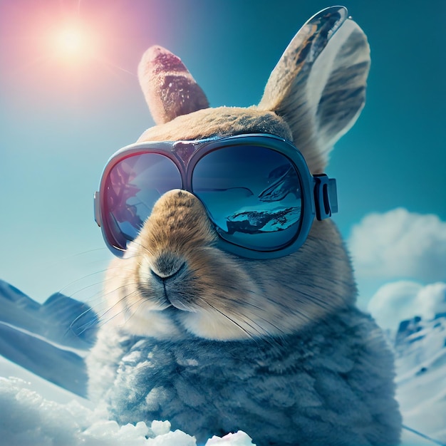 Cool Bunny in ski goggles rides a snowboard Illustration Generative AI