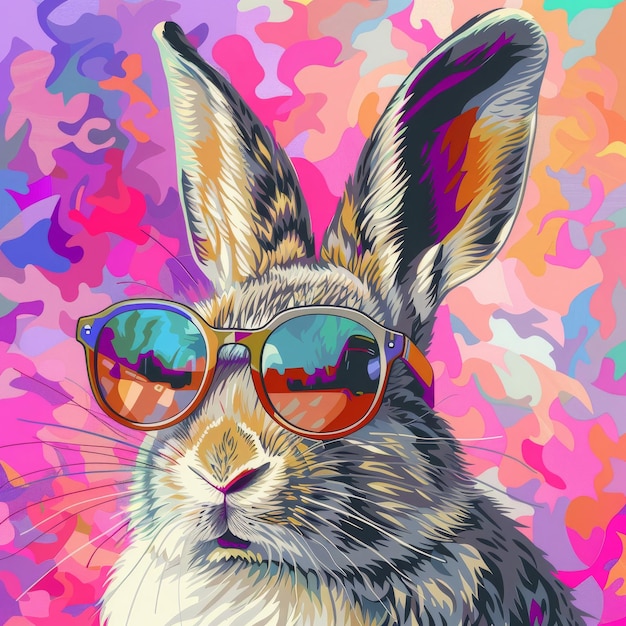 Cool bunny with sunglasses on colorful background Generative Ai