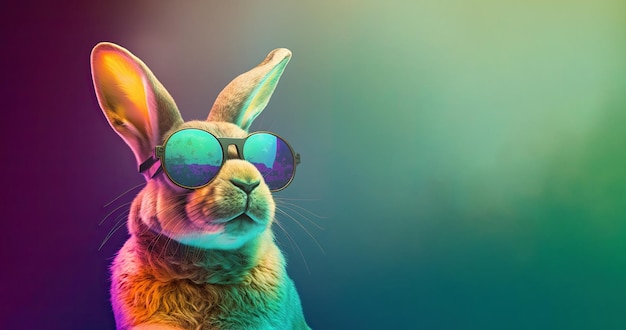 Cool bunny with sunglasses colorful background Happy Easter card Generative AI