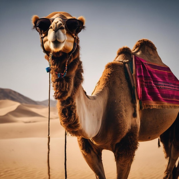 A cool camel wearing sunglasses on its back in the desert