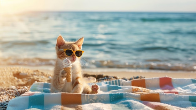 Photo cool cat enjoys ice cream on the beach