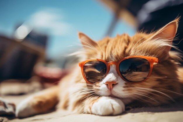 A cool cat lounging at the beach in sunglasses Generative Ai