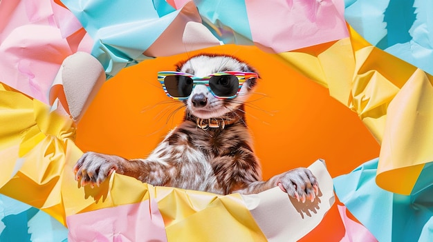 Photo a cool cat posing in colorful papers