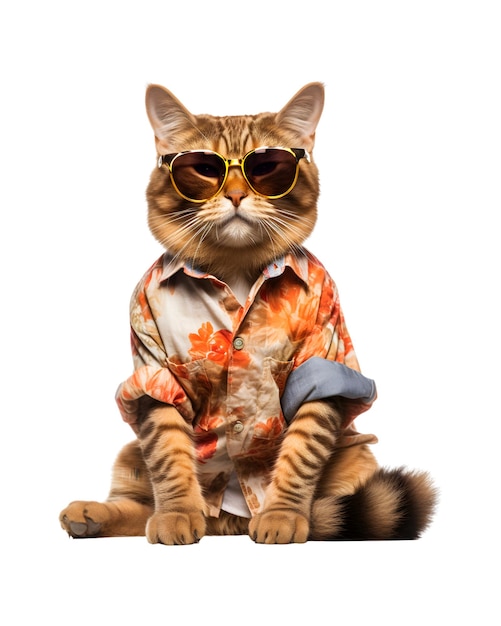 Cool cat sitting relaxing wearing summer clothes and sunglasses isolated on a white background