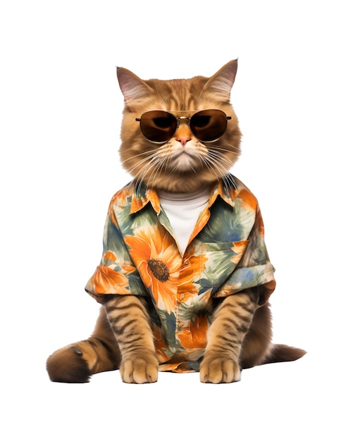 Cool cat sitting relaxing wearing summer clothes and sunglasses isolated on a white background