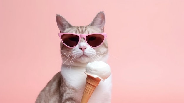 cool Cat in sunglasses licking ice cream