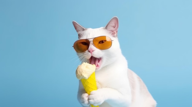 cool Cat in sunglasses licking ice cream