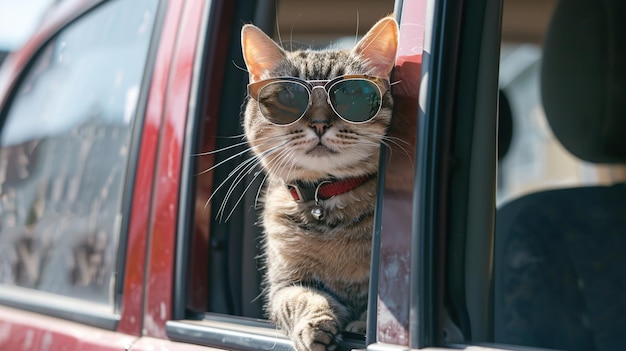 Cool Cat in Sunglasses Peeking Out of Car Window