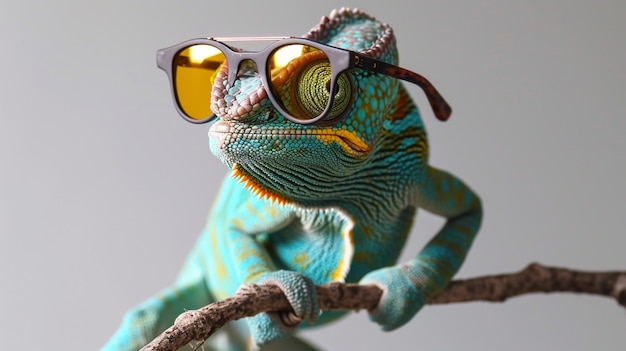 Photo cool chameleon wearing sunglasses veiled chameleon chamaeleo calyptratus ai generative