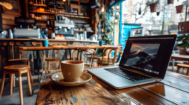 Photo cool coffee shop with a dark laptop screen on a wooden table