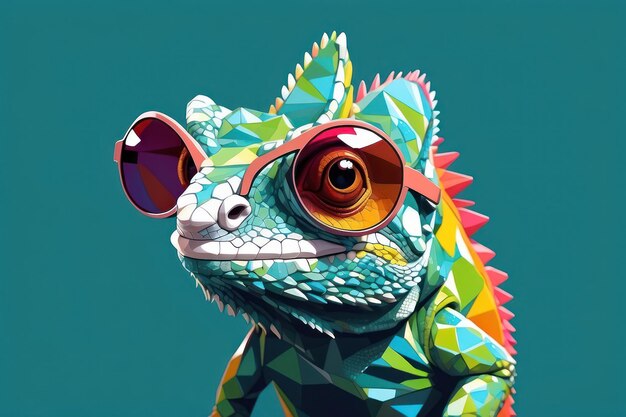 Photo cool colorful chameleon wearing sunglasses in vibrant geometric style