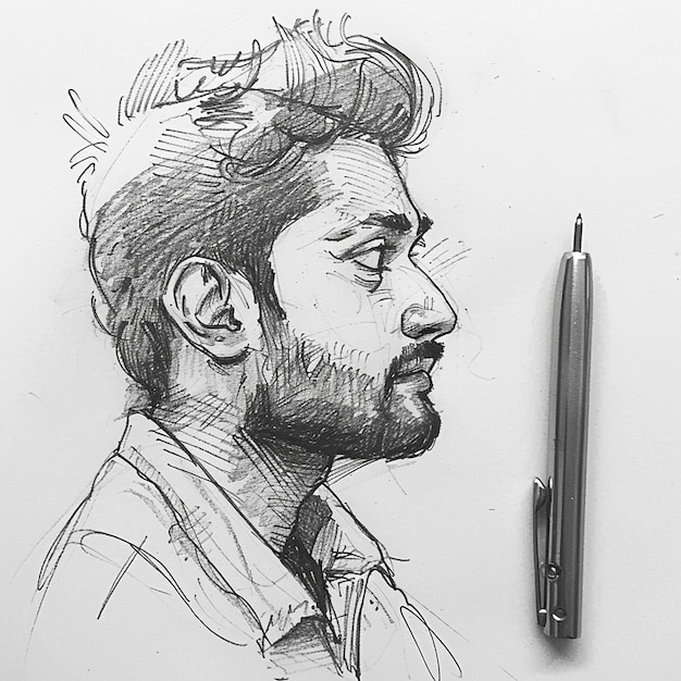 Photo cool and confident expressive male portrait sketch in pencil