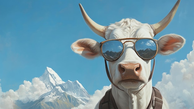 Photo a cool cow wearing sunglasses with a mountain view in the background this image is a symbol of