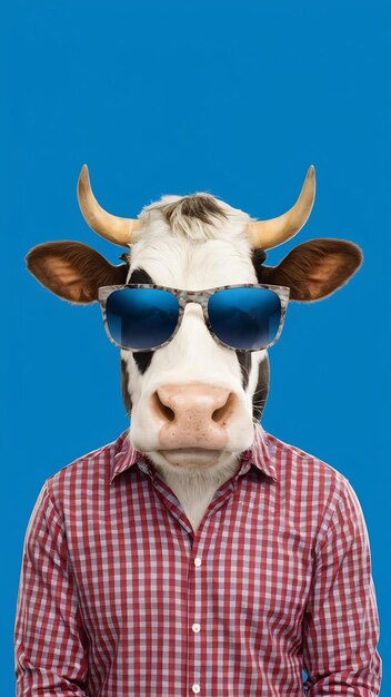 Photo cool cow a whimsical bovine wearing sunglasses on blue background