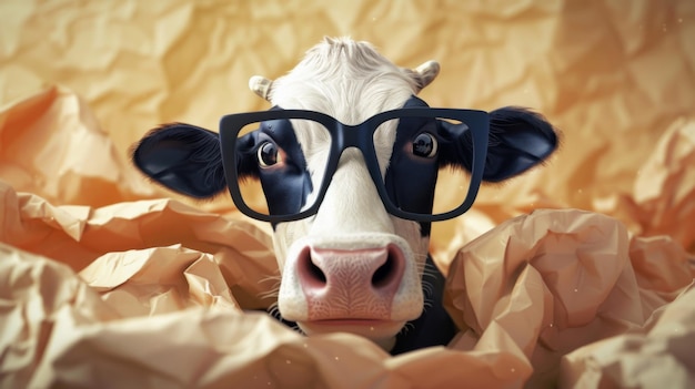 Photo a cool cow with eyewear poking fun as it emerges through a paper