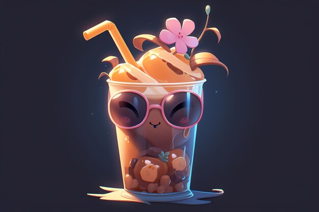 Cool cute face of an iced coffee with sunglasses