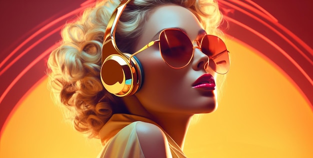 Cool disco girl wearing huge headphones and sunglasses