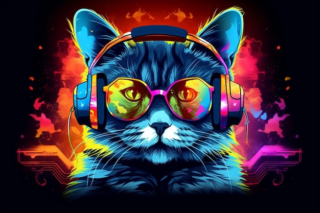 Cool DJ cat wearing headphones and a suit listening to music Generative Ai