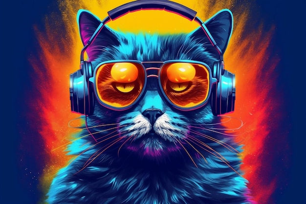 Cool DJ cat wearing headphones and a suit listening to music Generative Ai