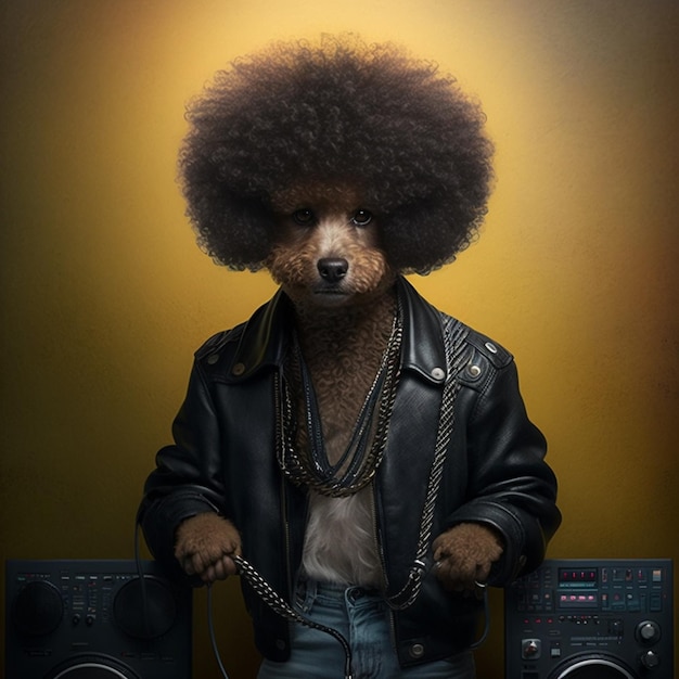 A cool Dog DJing wearing a black leather jacket generative AI