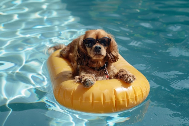 Photo cool dog relaxing on pool float