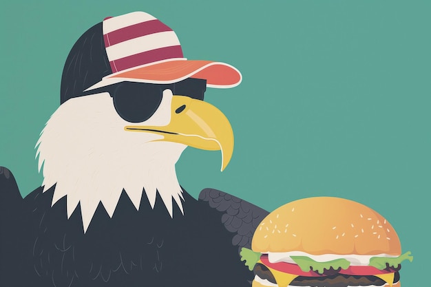 Cool eagle in sunglasses and cap holds huge burger Minimalist mid20th century style illustration