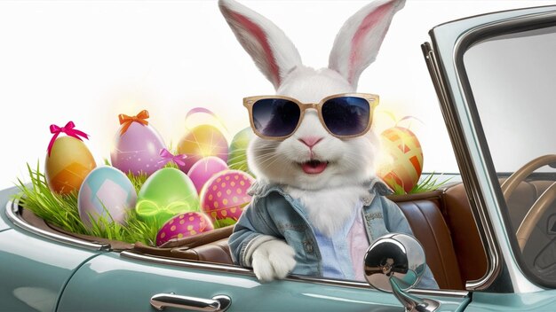 Cool Easter bunny in a car delivering with sunglasses looking out of a car with easter eggs