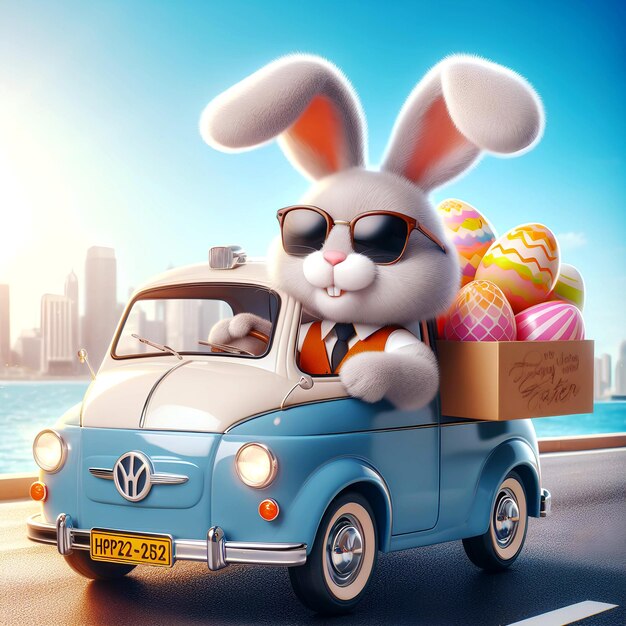 Photo cool easter bunny in a car delivering with sunglasses looking out of a car with easter eggs