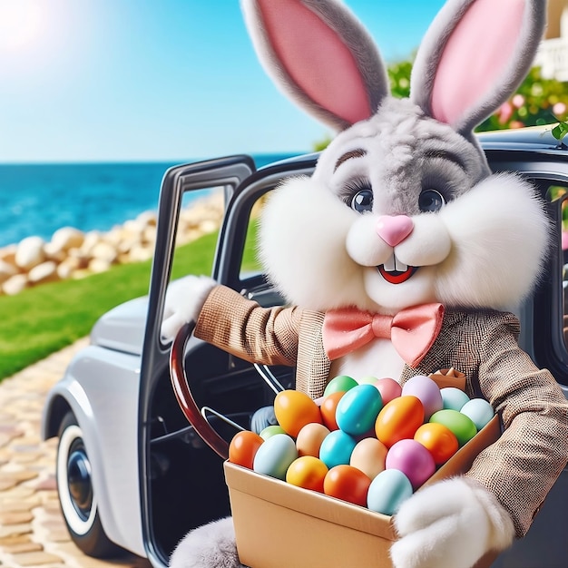 Cool Easter bunny in a car delivering with sunglasses looking out of a car with easter eggs